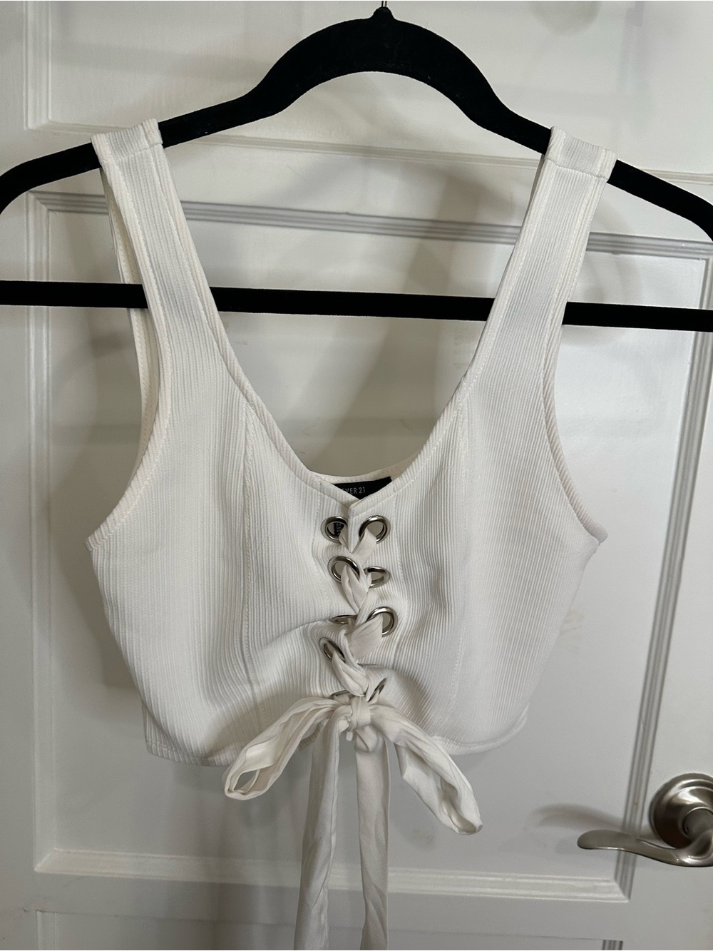 White Lace-Up Cropped Tank Top with Silver Grommets, Size S